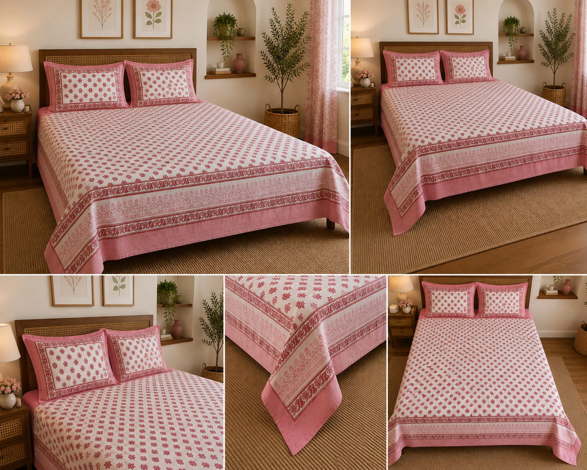 Rose Pink Floral Jaal Cotton King Size Bedsheet Set