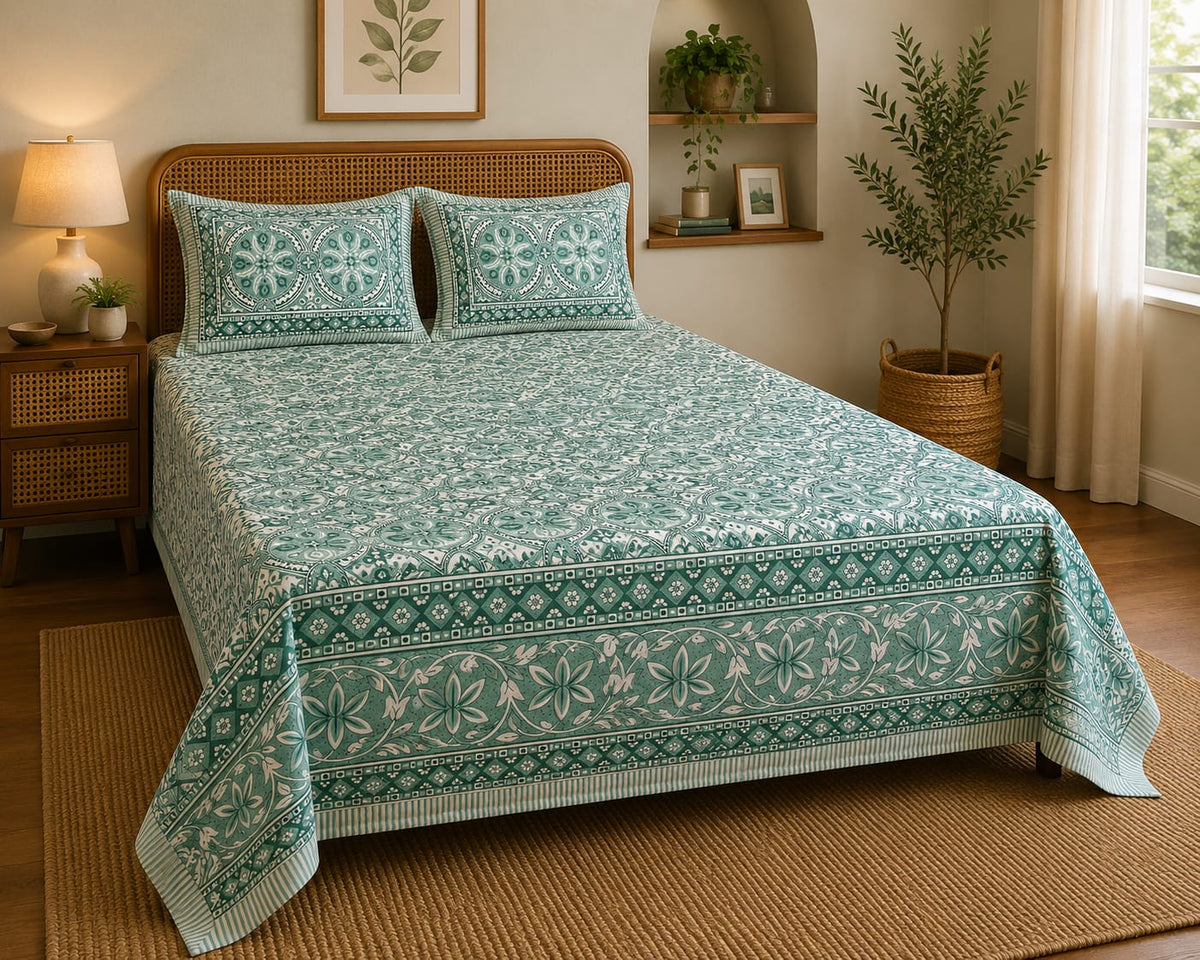 Sea Green Medallion Cotton King Size Bedsheet Set with 2 Pillow Covers | 100% Cotton | 225x275 cm | ChapaSSyahii