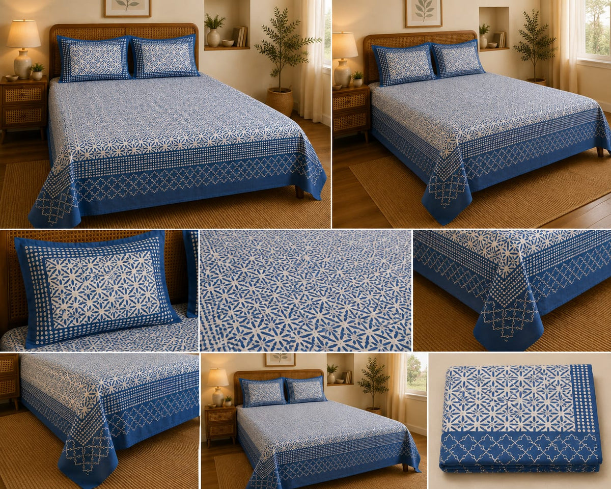 Indigo Blue Geometric Trellis Cotton King Size Bedsheet Set