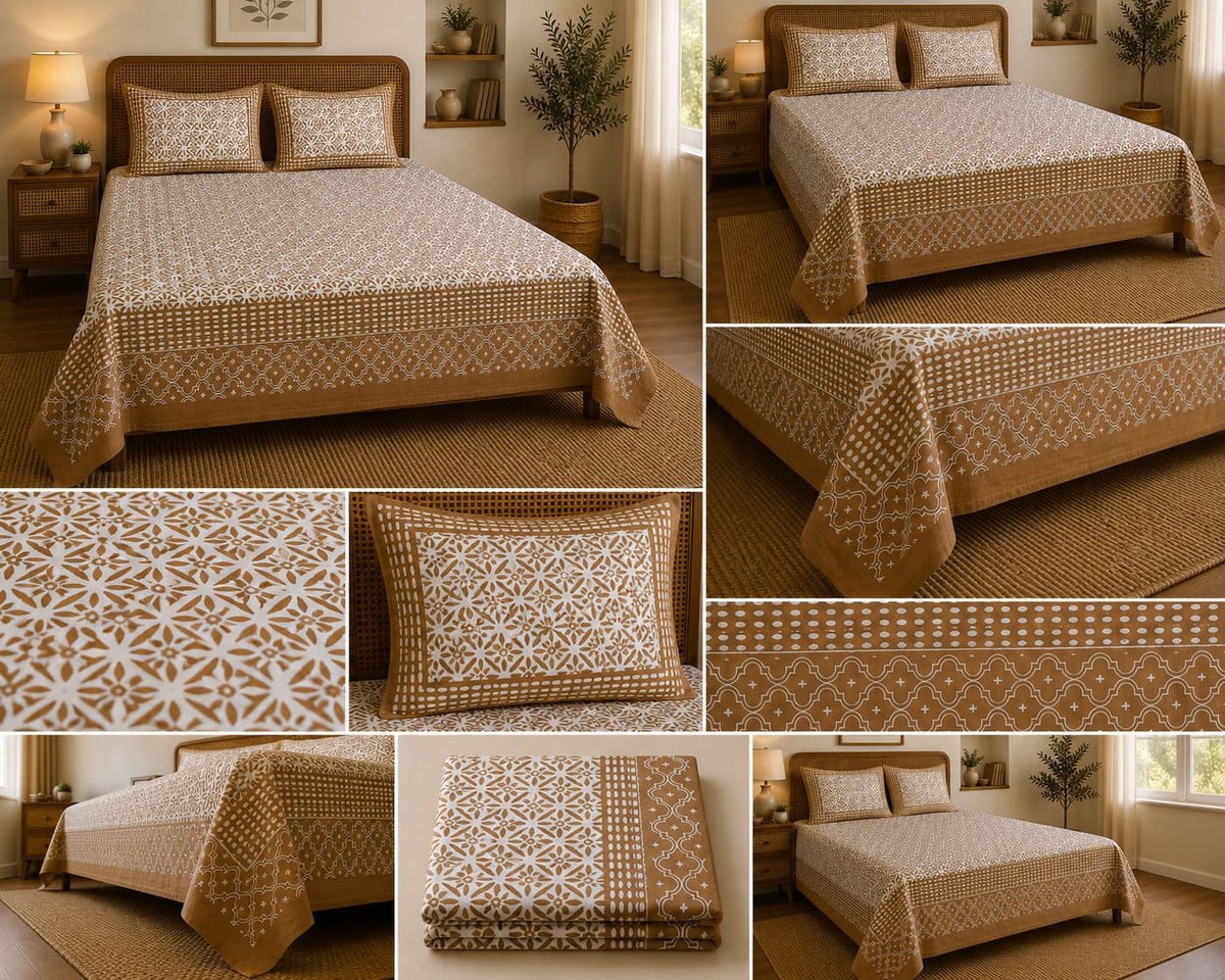 Camel Tan Geometric Trellis Cotton King Size Bedsheet Set
