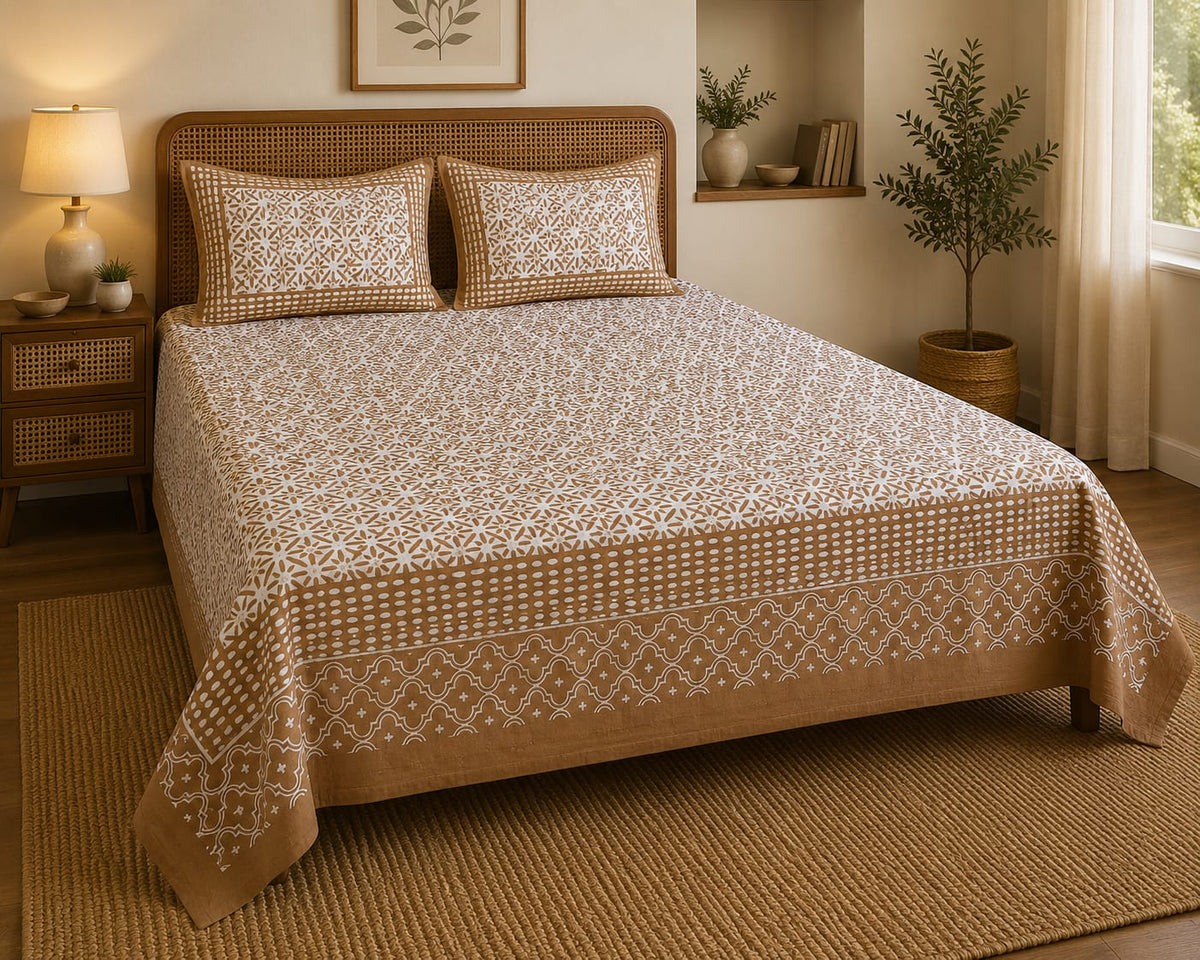 Camel Tan Geometric Trellis Cotton King Size Bedsheet Set