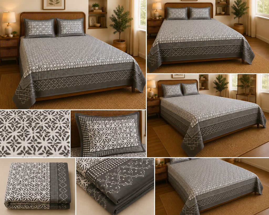 Charcoal Grey Geometric Trellis Cotton King Size Bedsheet Set