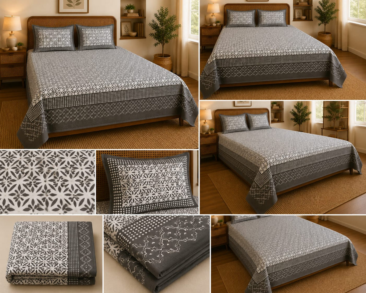 Charcoal Grey Geometric Trellis Cotton King Size Bedsheet Set