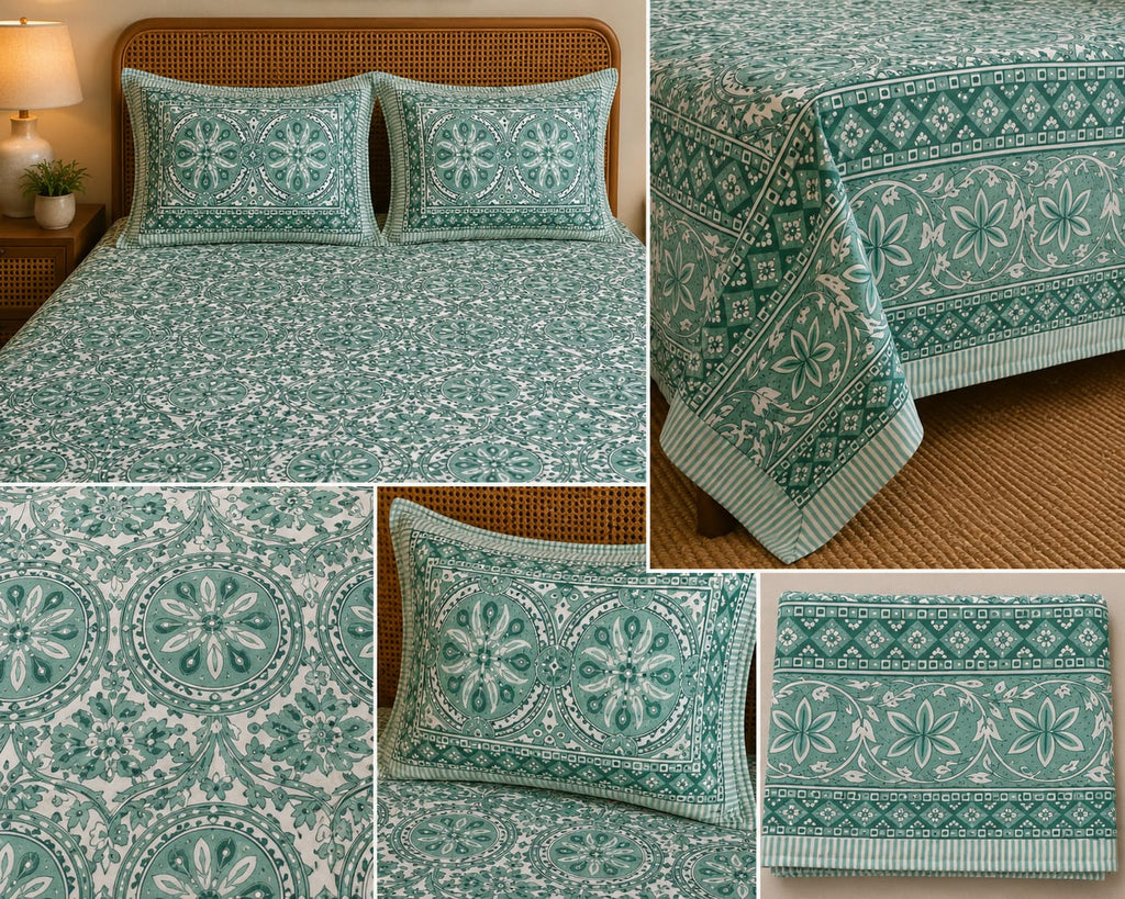 Sea Green Medallion Cotton King Size Bedsheet Set