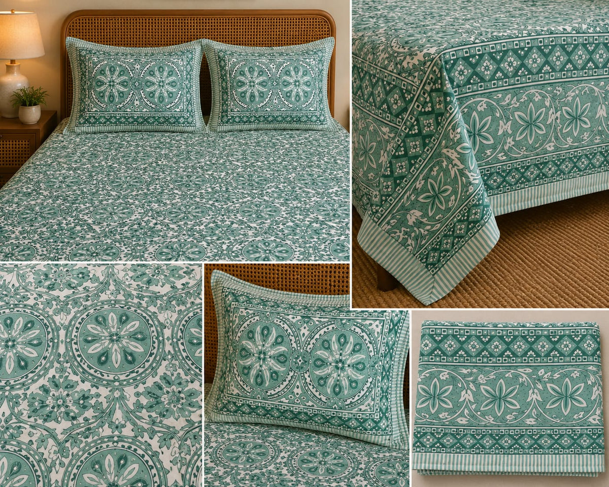 Sea Green Medallion Cotton King Size Bedsheet Set with 2 Pillow Covers | 100% Cotton | 225x275 cm | ChapaSSyahii