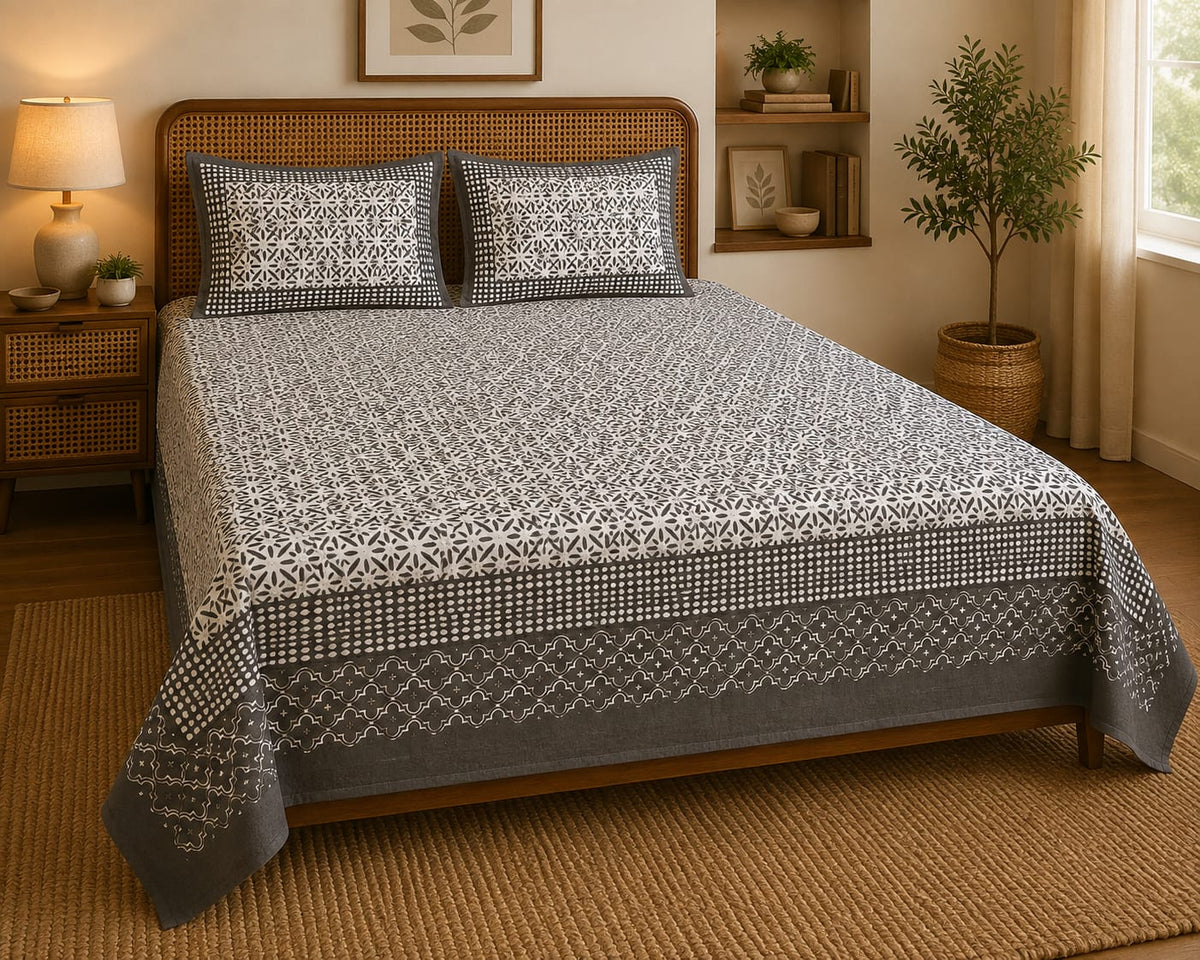Charcoal Grey Geometric Trellis Cotton King Size Bedsheet Set