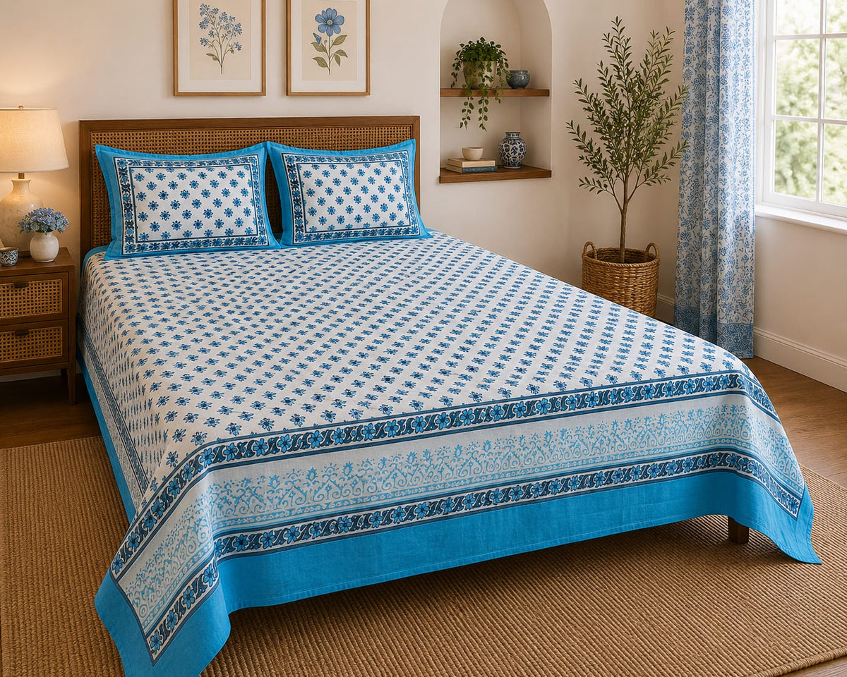 Turquoise Blue Floral Jaal Cotton King Size Bedsheet Set