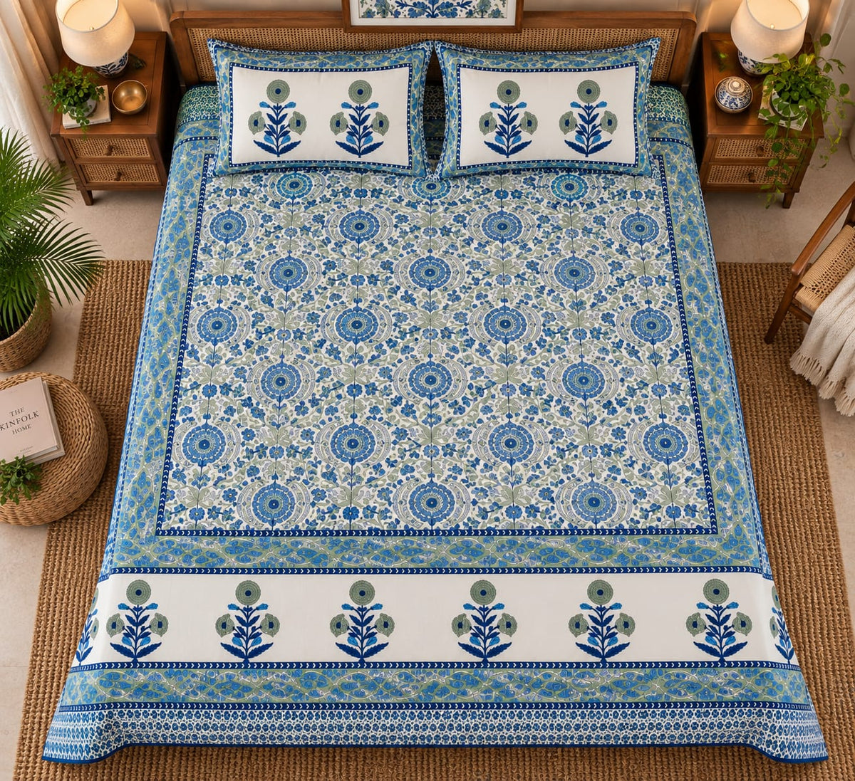 Blue Sunburst Medallion Cotton King Size Bedsheet Set
