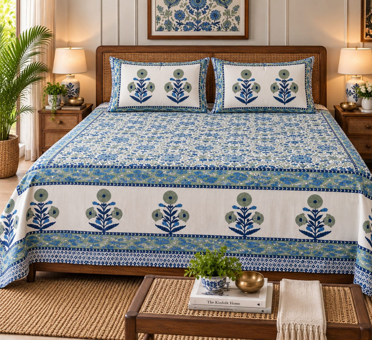 Blue Sunburst Medallion Cotton King Size Bedsheet Set