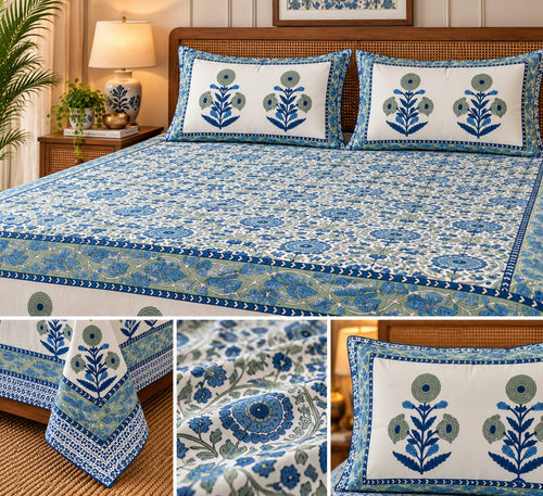 Blue Sunburst Medallion Cotton King Size Bedsheet Set