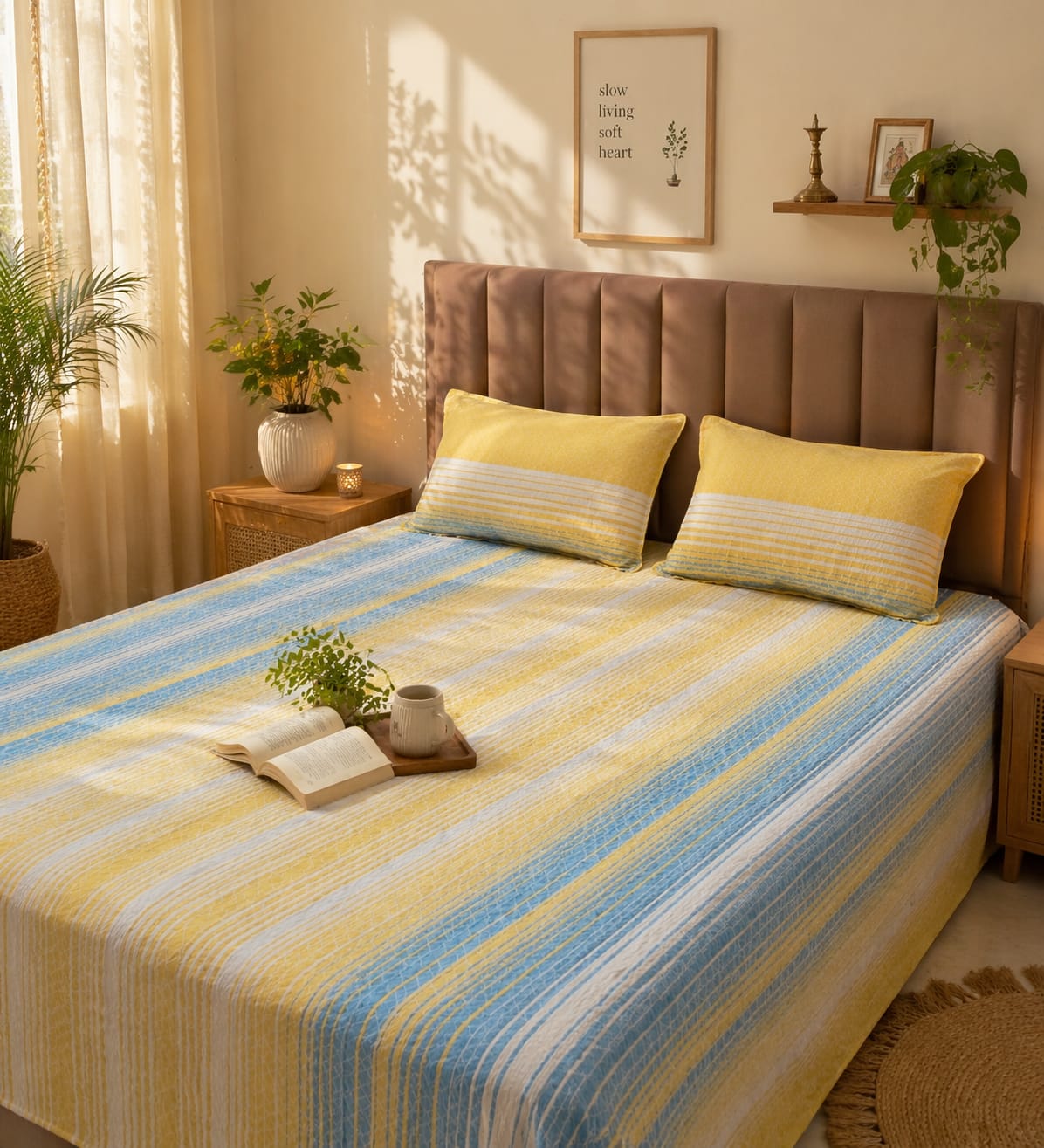 Yellow & Sky Blue Stripe Handloom Bedsheet Set