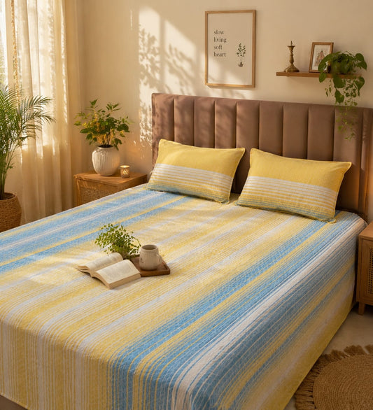 Yellow & Sky Blue Stripe Handloom Bedsheet Set