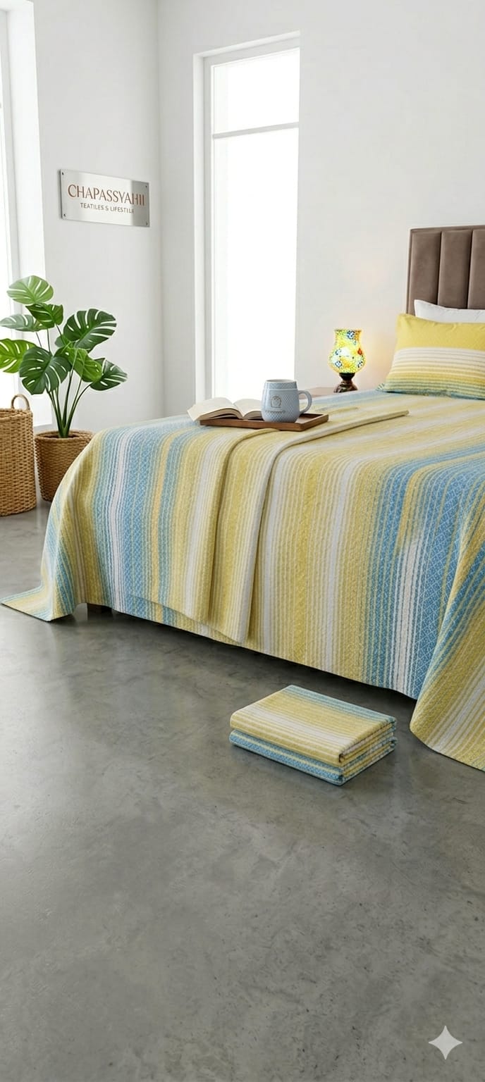 Yellow & Sky Blue Stripe Handloom Bedsheet Set