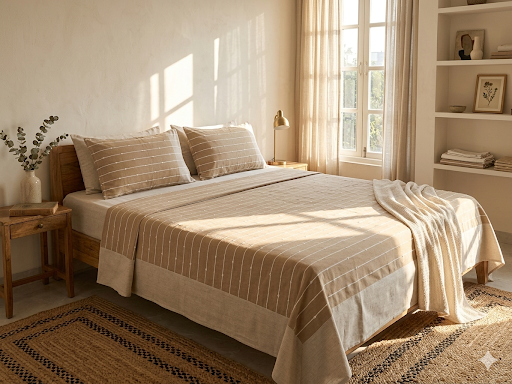 Beige Stripe Handloom Bedsheet Set