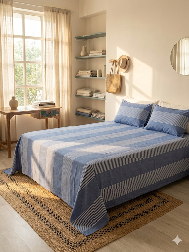 Indigo Blue Stripe Handloom Bedsheet Set