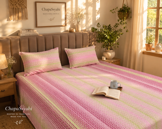 Pink & Lime Stripe Handloom Bedsheet Set
