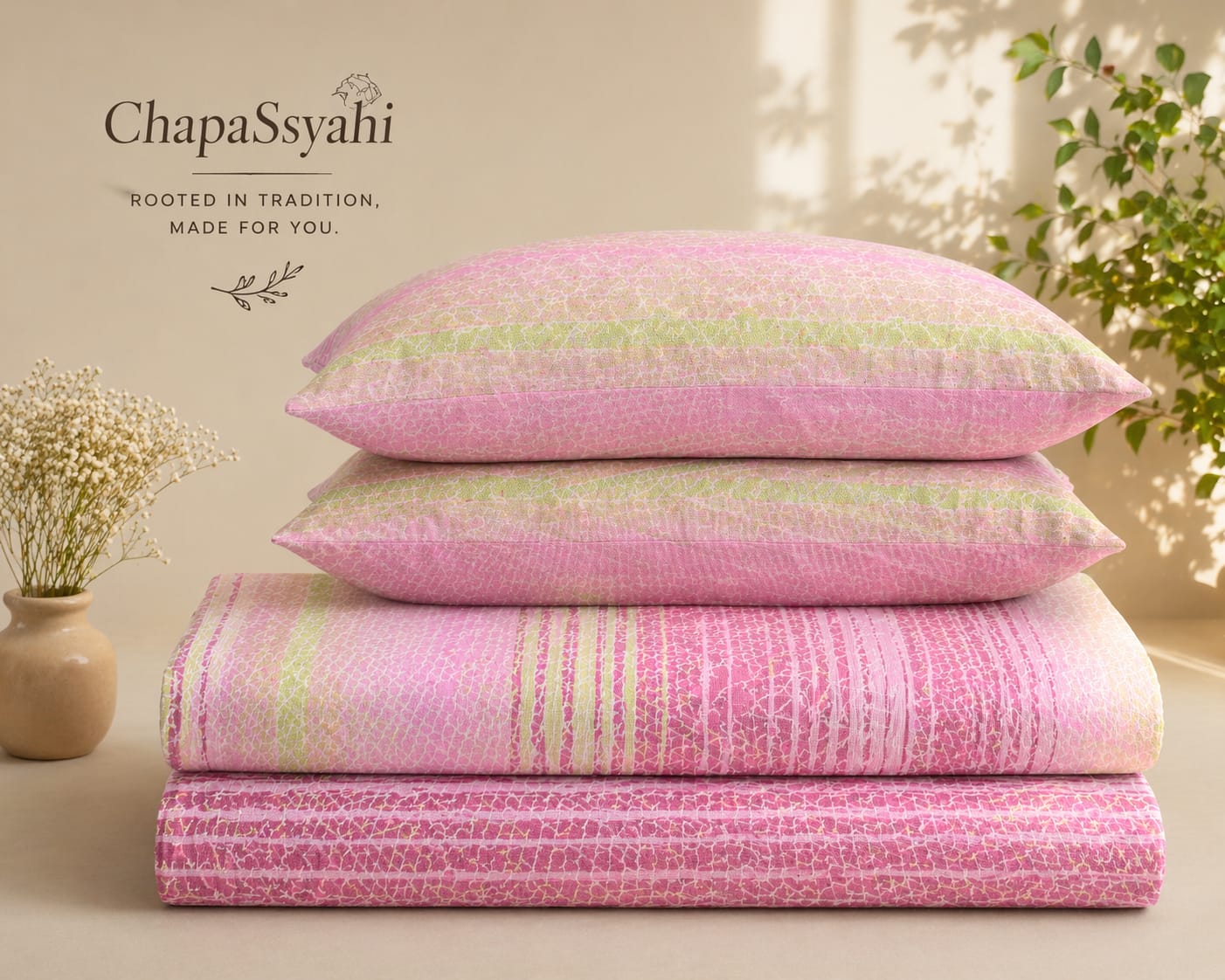 Pink & Lime Stripe Handloom Bedsheet Set