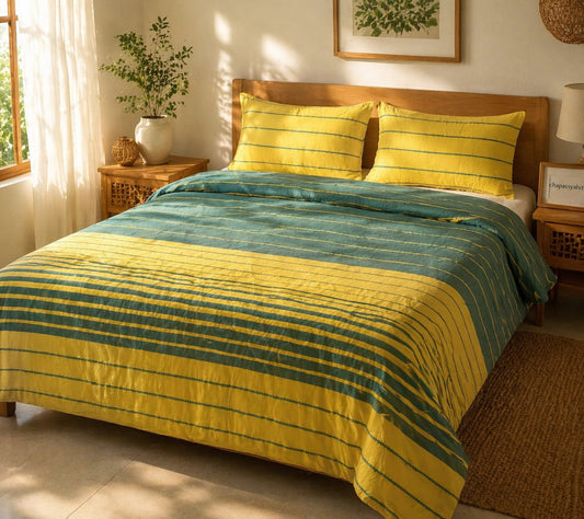 Teal Green & Mustard Stripe Handloom Bedsheet Set