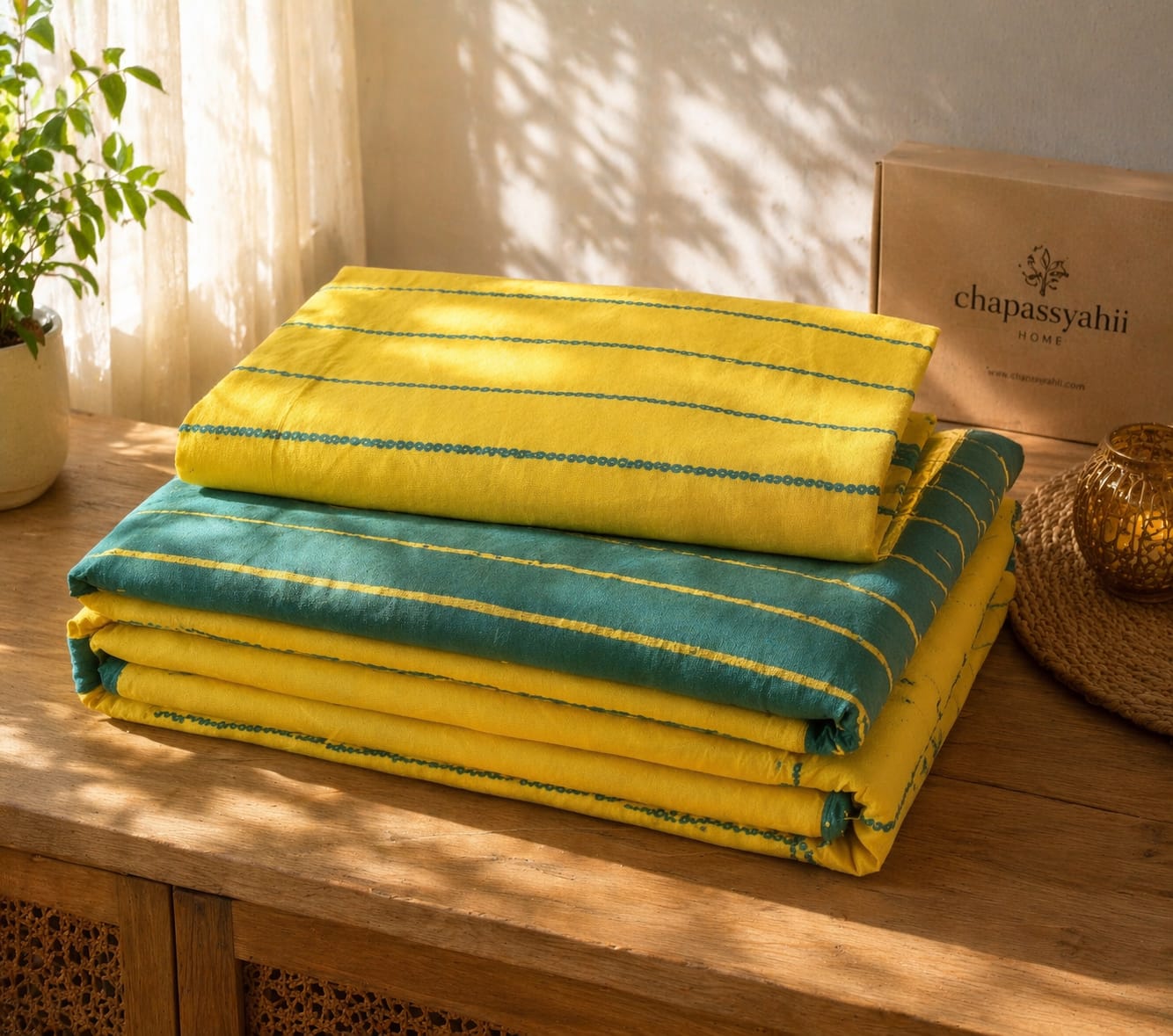 Teal Green & Mustard Stripe Handloom Bedsheet Set