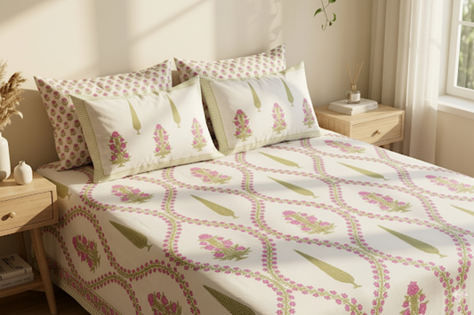 Bed with floral patterned bedding and pillows in a bright bedroom.