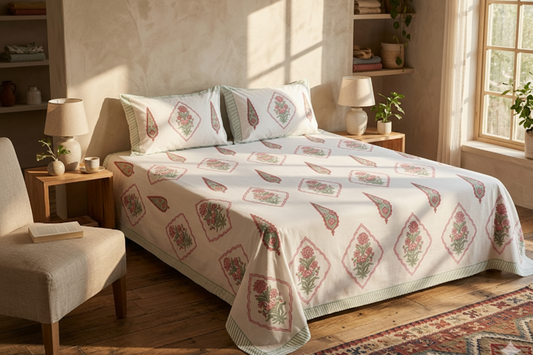 Bedroom with floral-patterned bedspread on a bed, wooden floor, and window light.