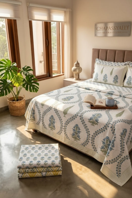 Bedroom with a bed covered in a patterned duvet, a plant, and a lamp.