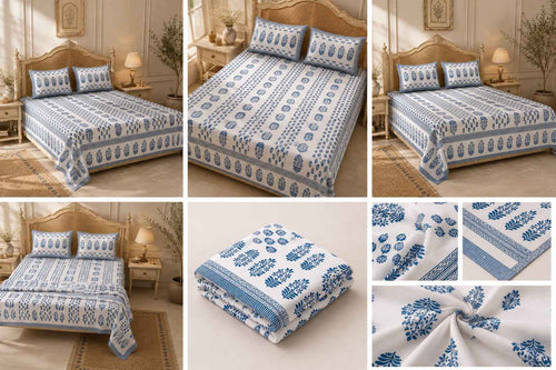 Blue Block Print Cotton King Size Bedsheet - Bedsheet Set - ChapaSsyahii