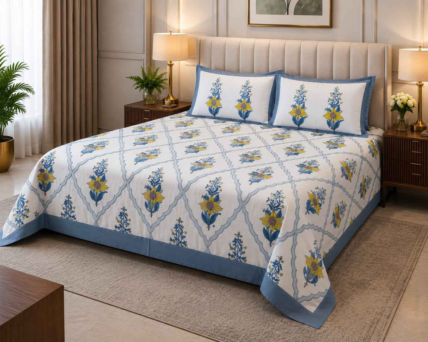 Blue Meadow Bloom – White, Cornflower Blue & Soft Yellow - Bedsheets - ChapaSsyahii