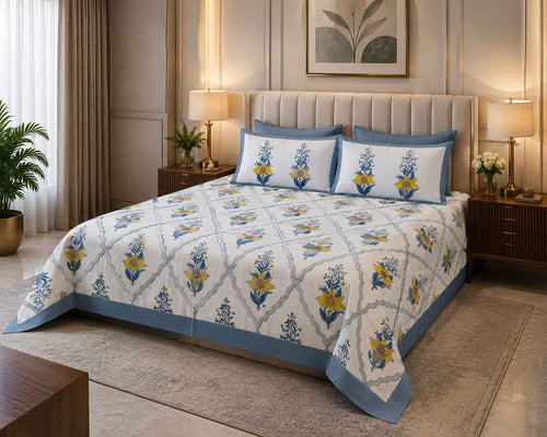 Blue Meadow Bloom – White, Cornflower Blue & Soft Yellow - Bedsheets - ChapaSsyahii
