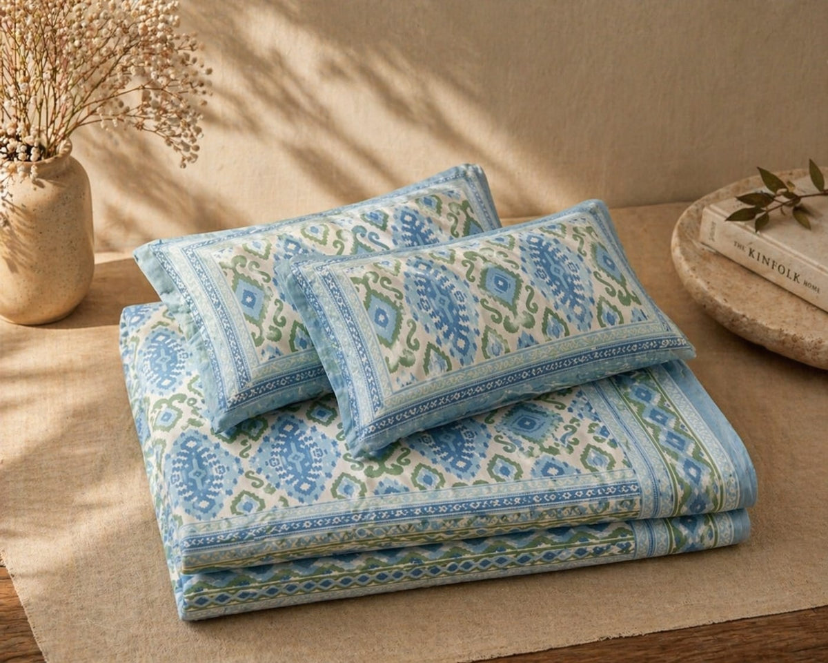 Blue Sage Ikkat Bedsheet - Bedsheet - ChapaSsyahii