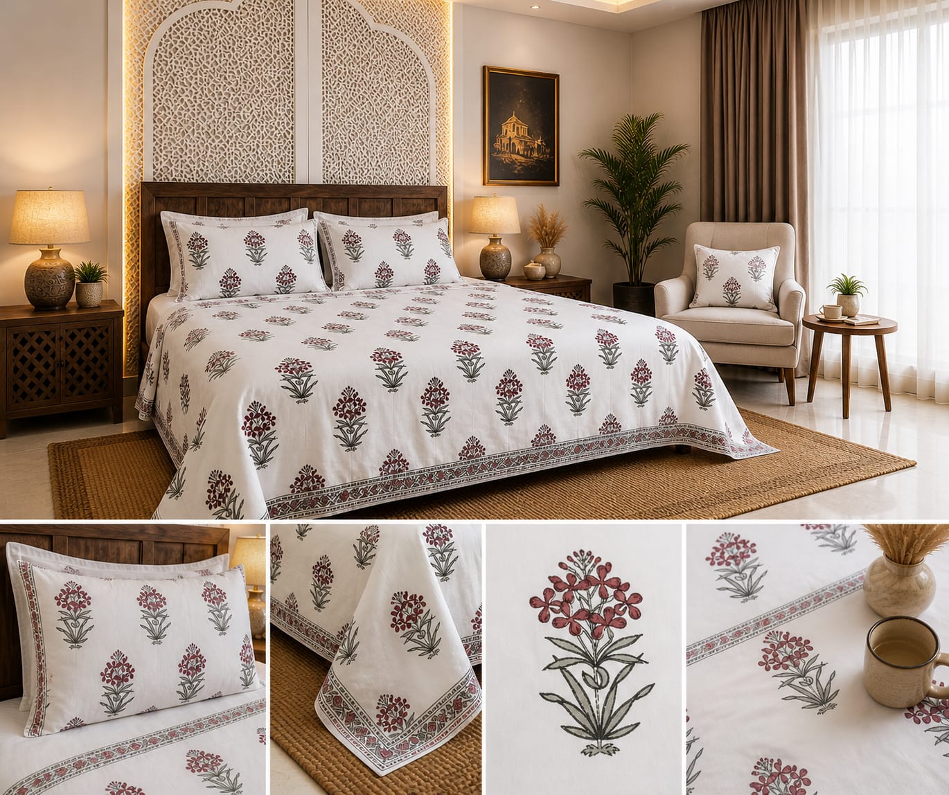 Burgundy Floral Buta Premium Cotton King Bedsheet Set - Bedsheet - ChapaSsyahii