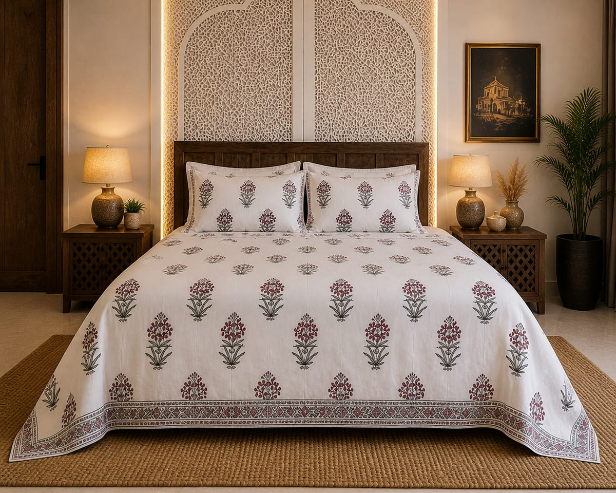 Burgundy Floral Buta Premium Cotton King Bedsheet Set - Bedsheet - ChapaSsyahii