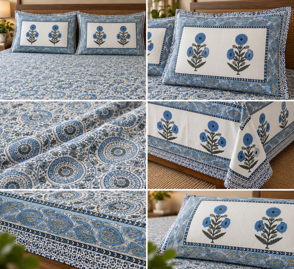 Blue Sunburst Medallion Cotton King Size Bedsheet Set - ChapaSSyahii