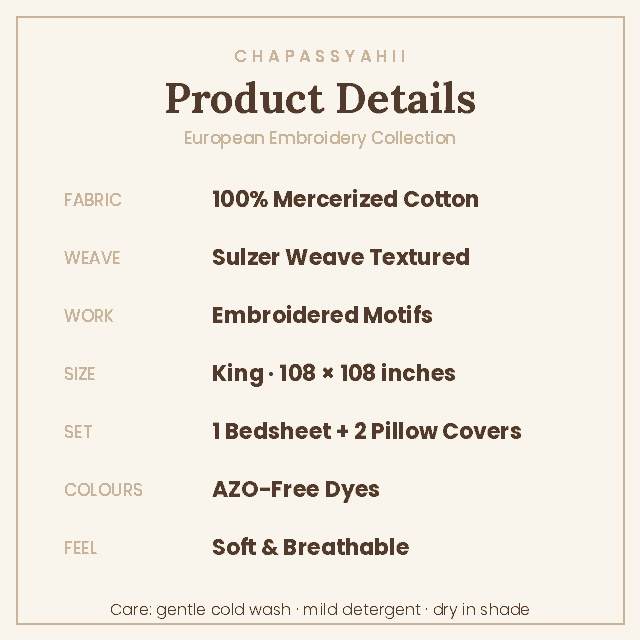 Product details: 100% mercerized cotton, Sulzer weave, king size 108 x 108 in, 1 bedsheet + 2 pillow covers, AZO-free dyes