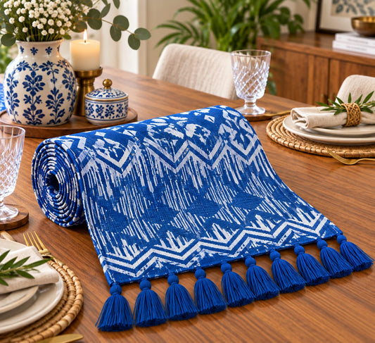 Indigo Shibori Ikat Hand Block Jute Table Runner - Table Runner - ChapaSsyahii