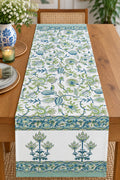 Sage Teal Paisley Lotus Hand Block Canvas Cotton Table Runner - Table Runner - ChapaSsyahii