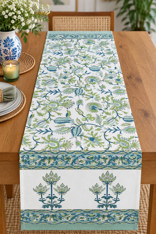 Sage Teal Paisley Lotus Hand Block Canvas Cotton Table Runner - Table Runner - ChapaSsyahii
