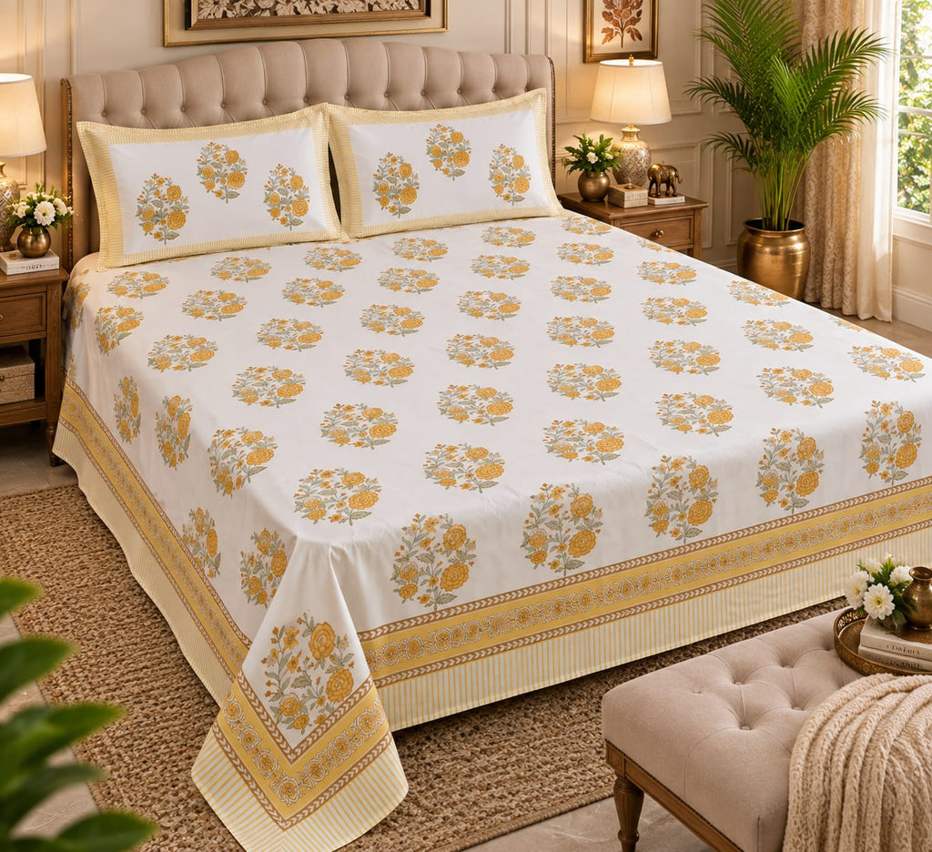 Mustard Rose Bouquet Handblock Cotton Super King Bedsheet on bed with pillow covers