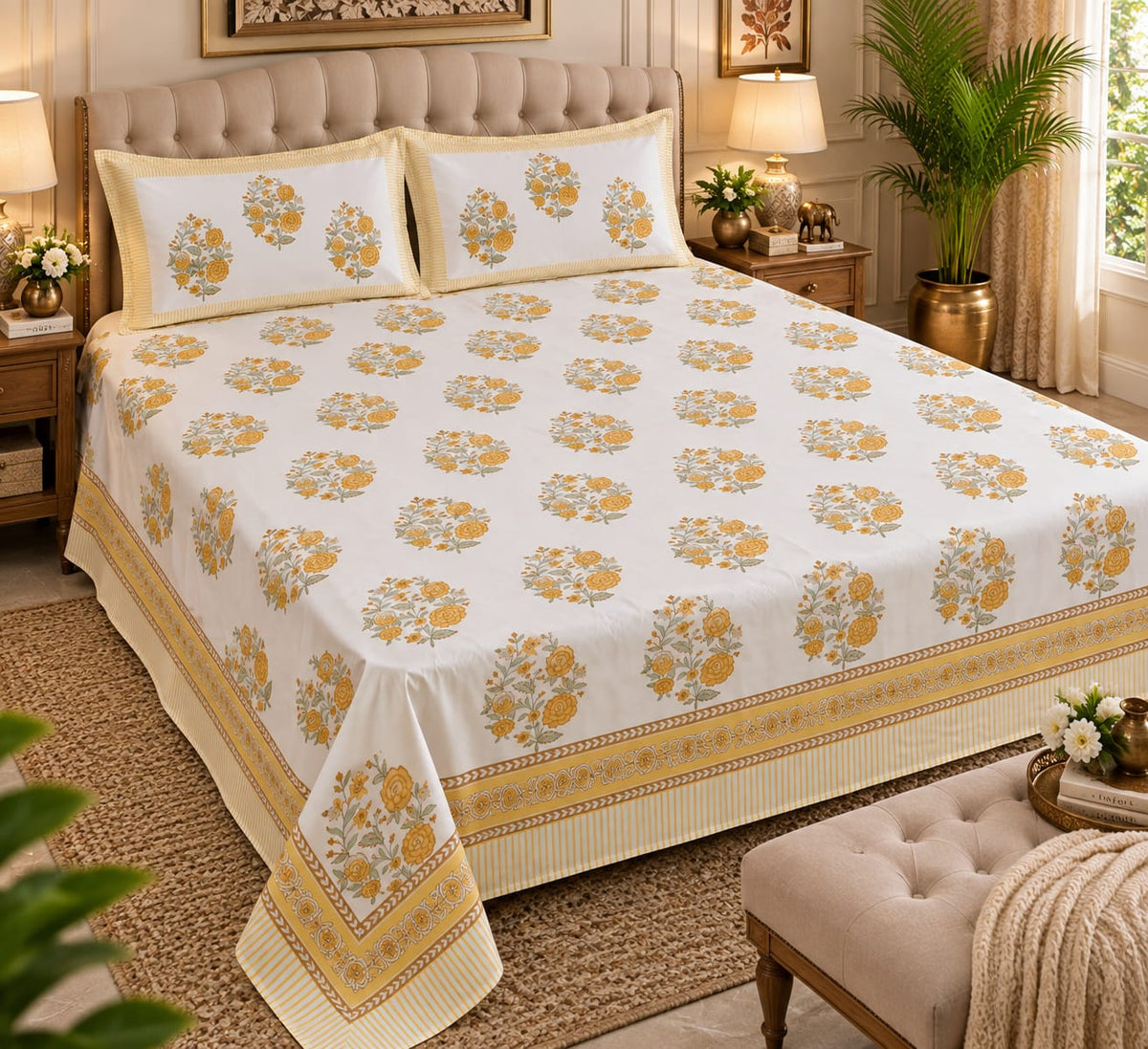 Mustard Rose Bouquet Handblock Cotton Super King Bedsheet on bed with pillow covers