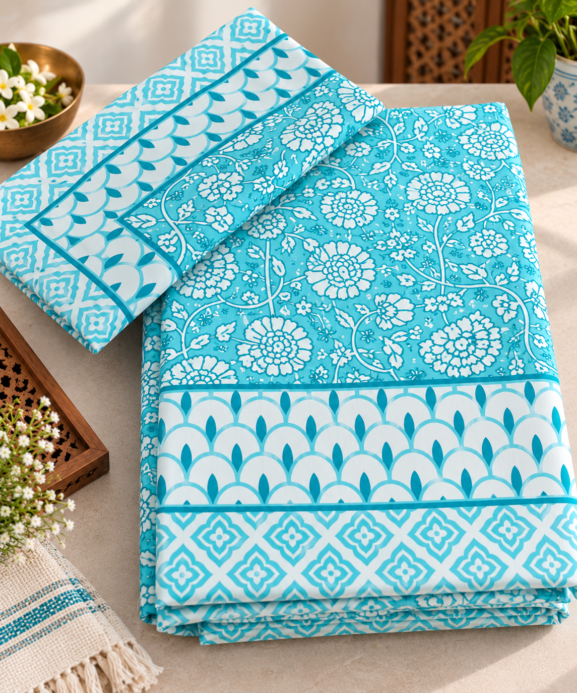 Turquoise Medallion Bloom Cotton King Size Bedsheet Set