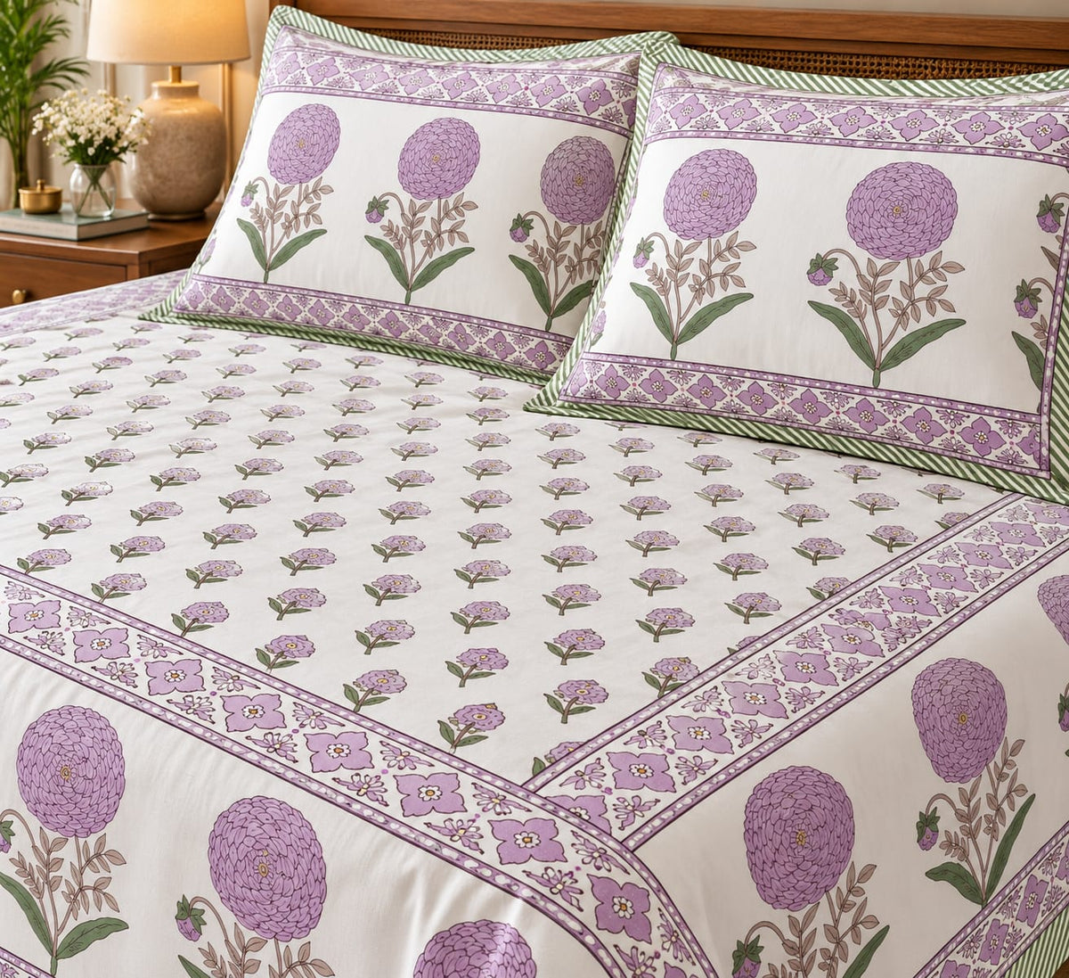 Lavender Genda Heritage Border 210 TC Cotton Bedsheet by ChapaSSyahii