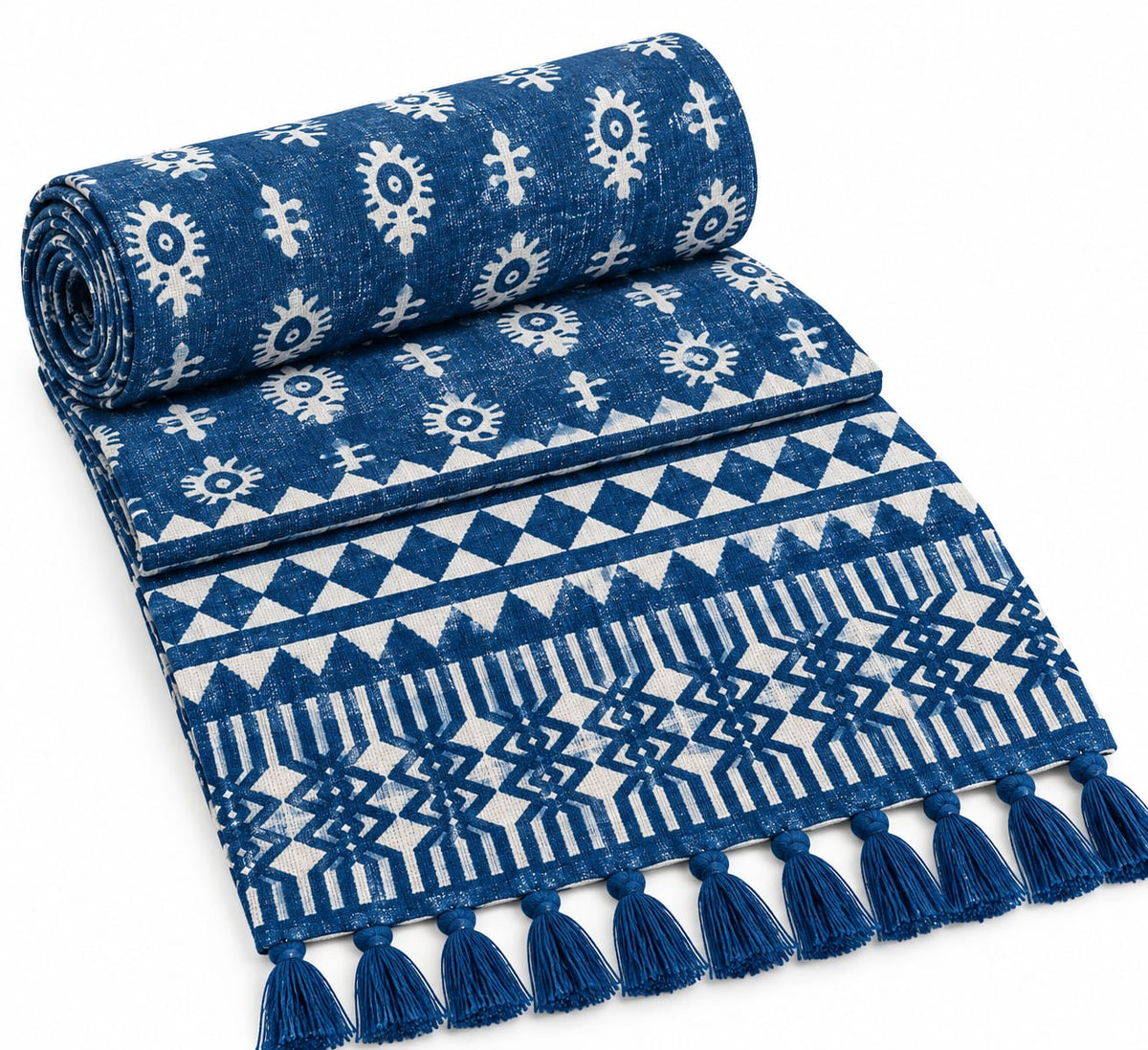 Indigo Aztec Motif Hand Block Jute Table Runner - Table Runner - ChapaSsyahii