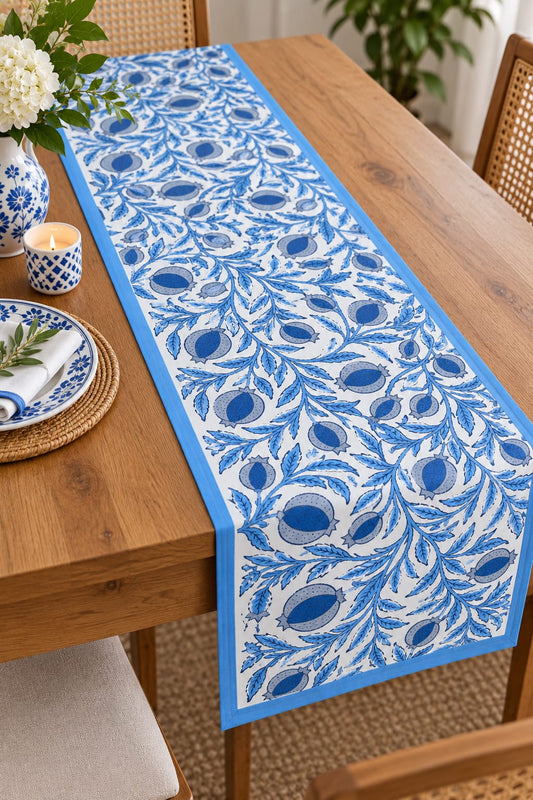 Blue Pomegranate Trellis Hand Block Canvas Cotton Table Runner - Table Runner - ChapaSsyahii
