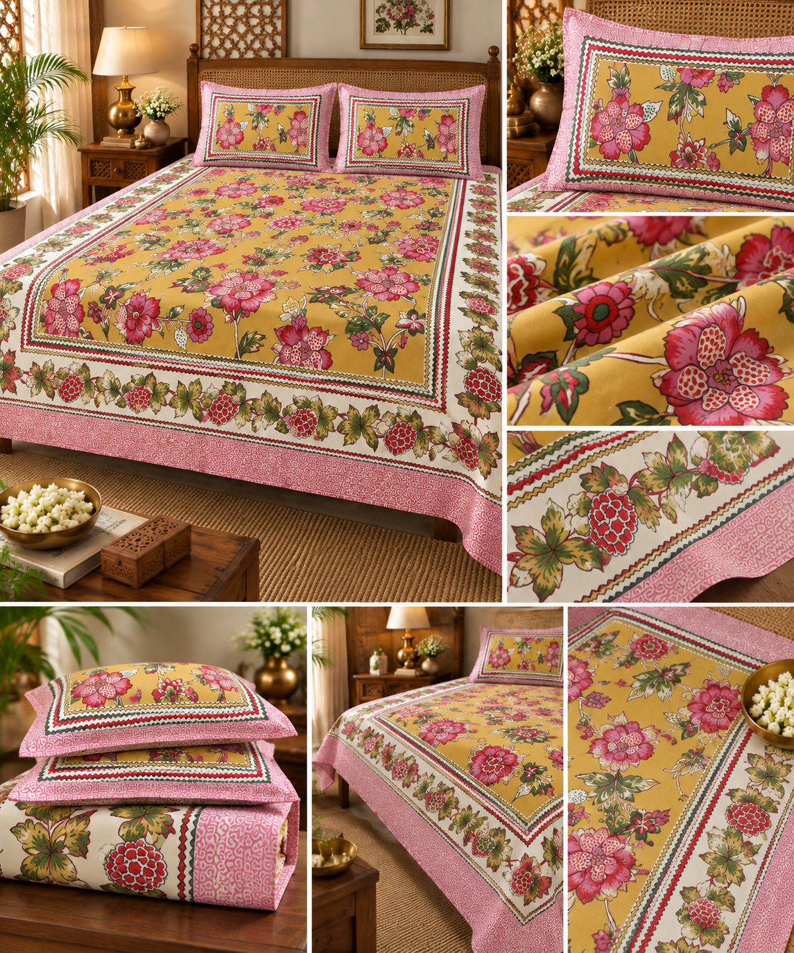 Golden Peony Bouquet Cotton King Size Bedsheet Set