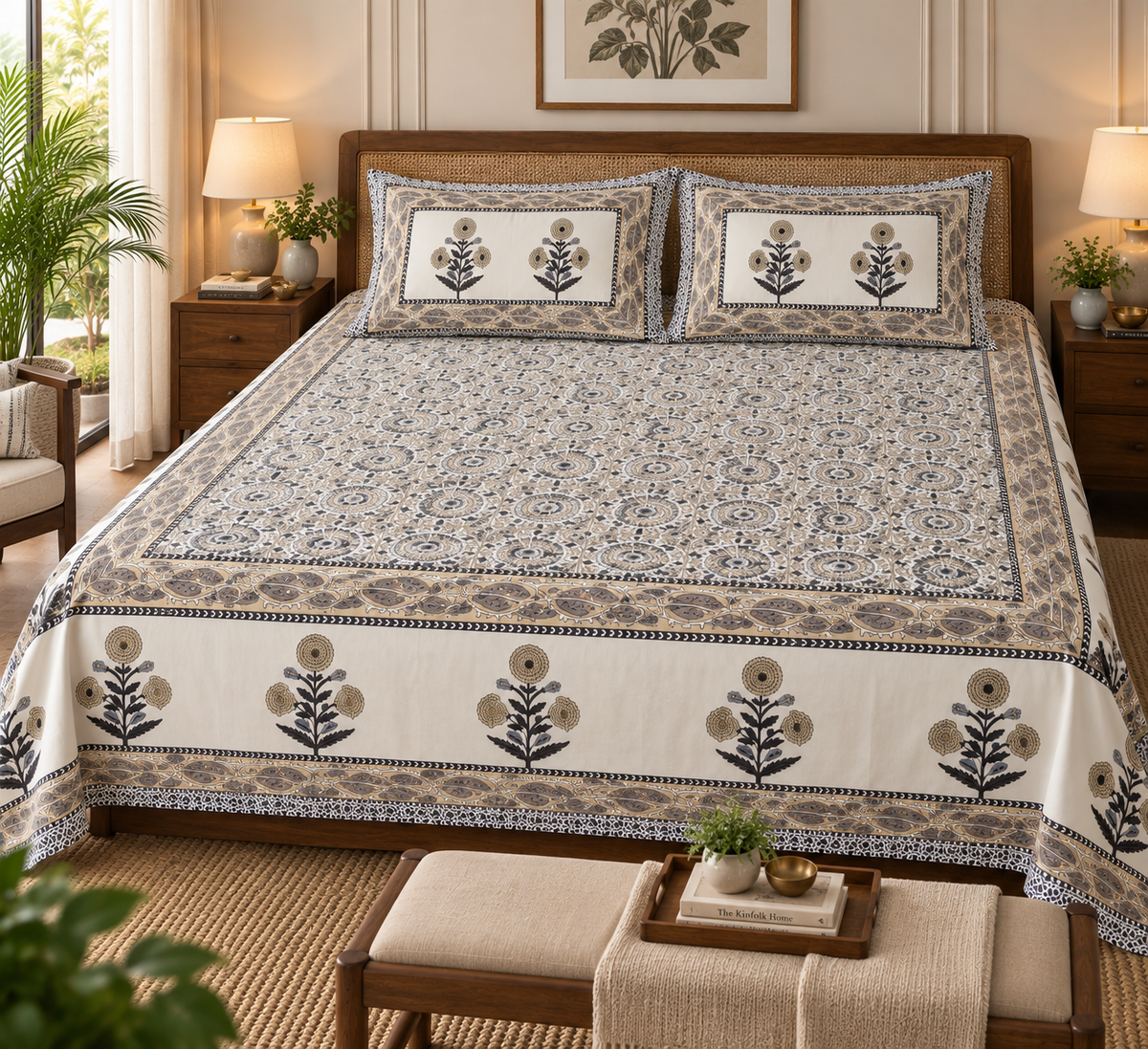 Taupe Sunflower Medallion Cotton King Size Bedsheet Set