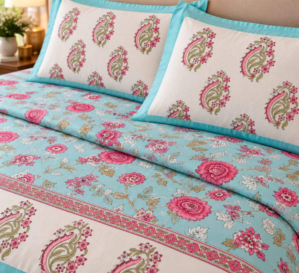 Firozi Gulabi Kairi Jaal 210 TC Cotton Bedsheet by ChapaSSyahii