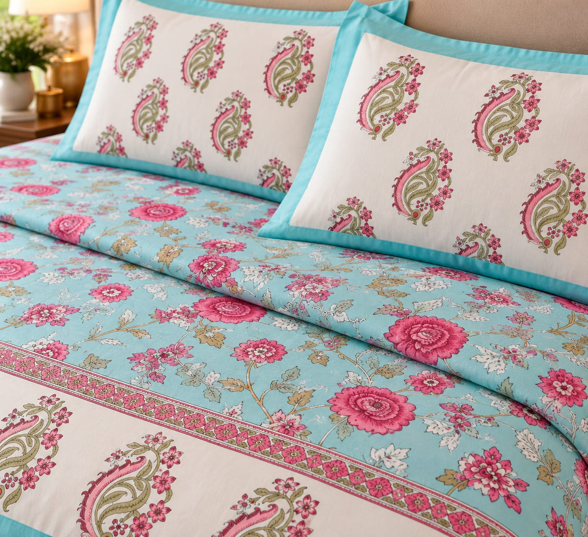 Firozi Gulabi Kairi Jaal 210 TC Cotton Bedsheet by ChapaSSyahii