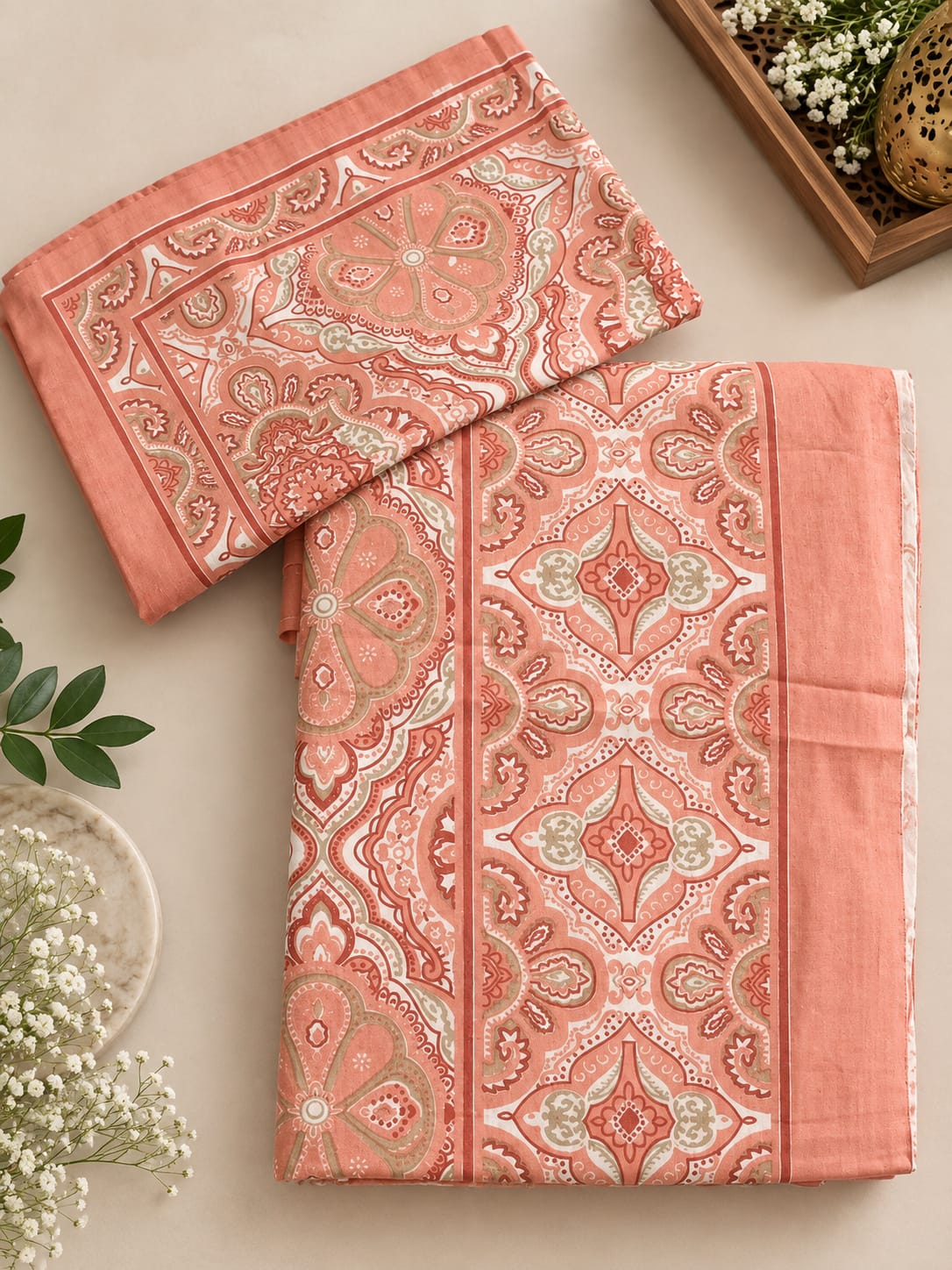Coral Medallion Trellis Cotton King Size Bedsheet Set with 2 Pillow Covers | 100% Cotton | 225x275 cm | ChapaSSyahii