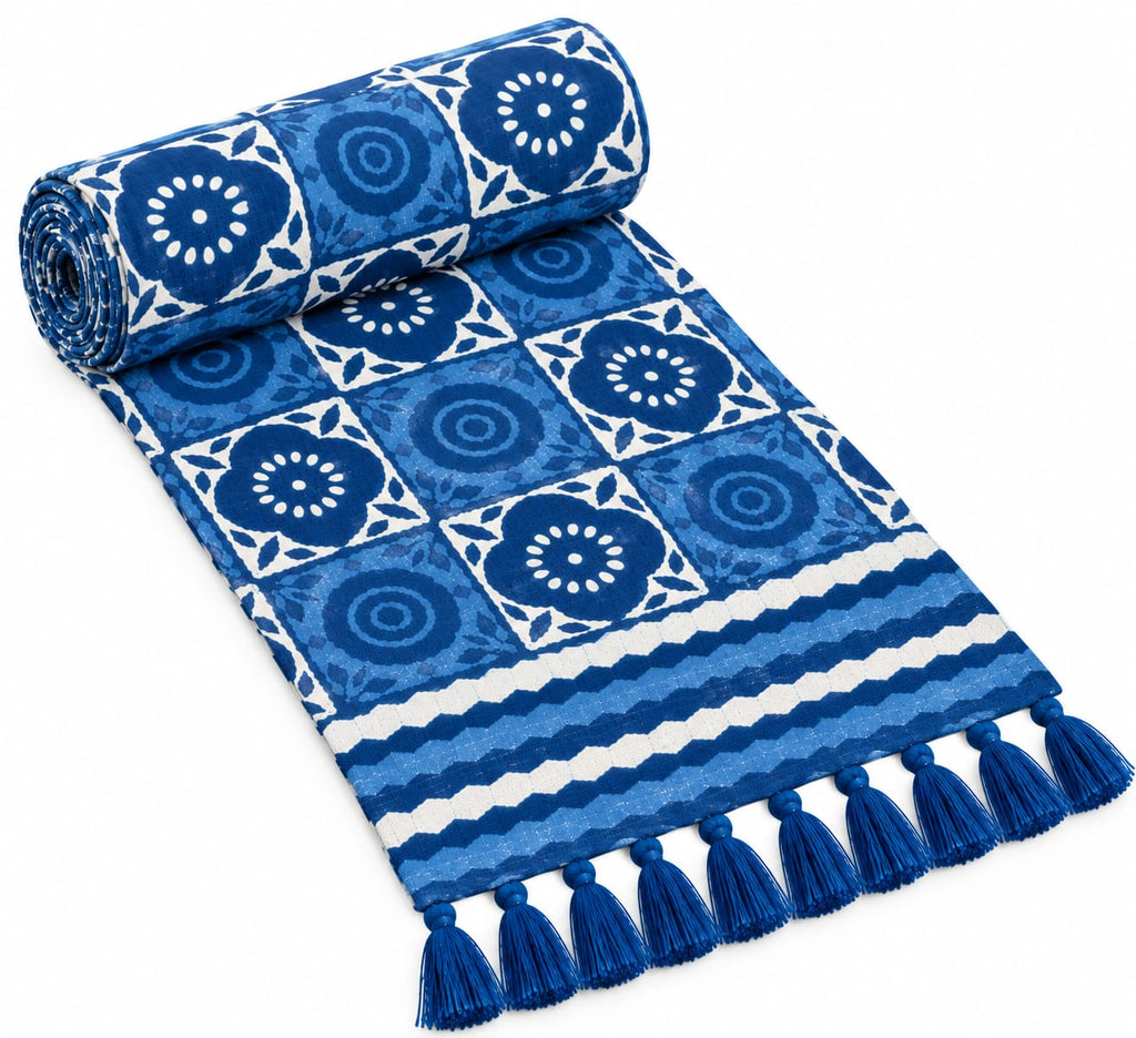 Indigo Floral Medallion Tile Hand Block Jute Table Runner - Table Runner - ChapaSsyahii