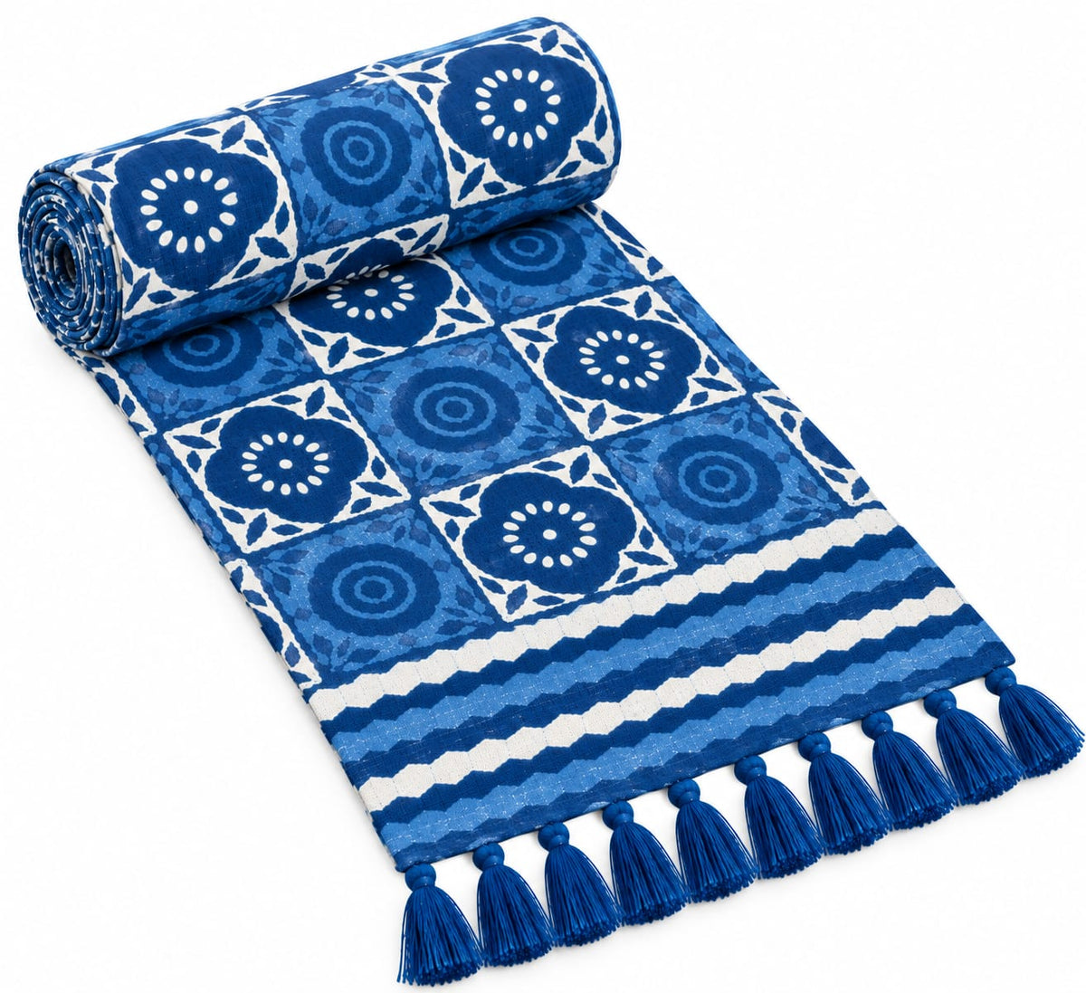 Indigo Floral Medallion Tile Hand Block Jute Table Runner - Table Runner - ChapaSsyahii
